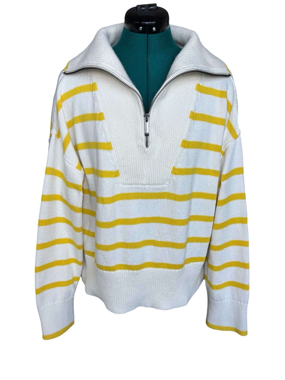 Banana Republic White & Yellow Striped Half-Zip Knit Sweater 100% Cotton